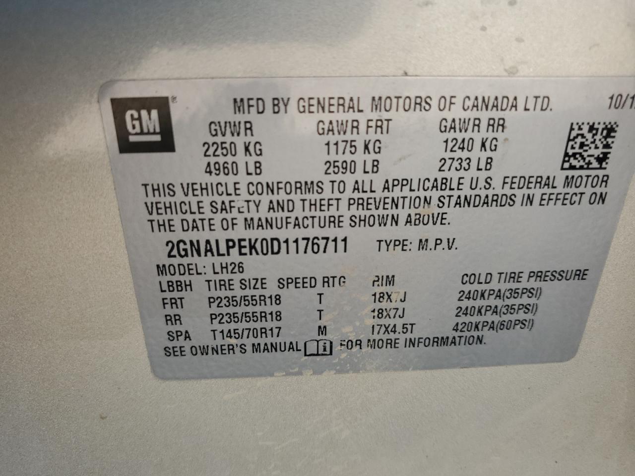 2GNALPEK0D1176711 2013 Chevrolet Equinox Lt