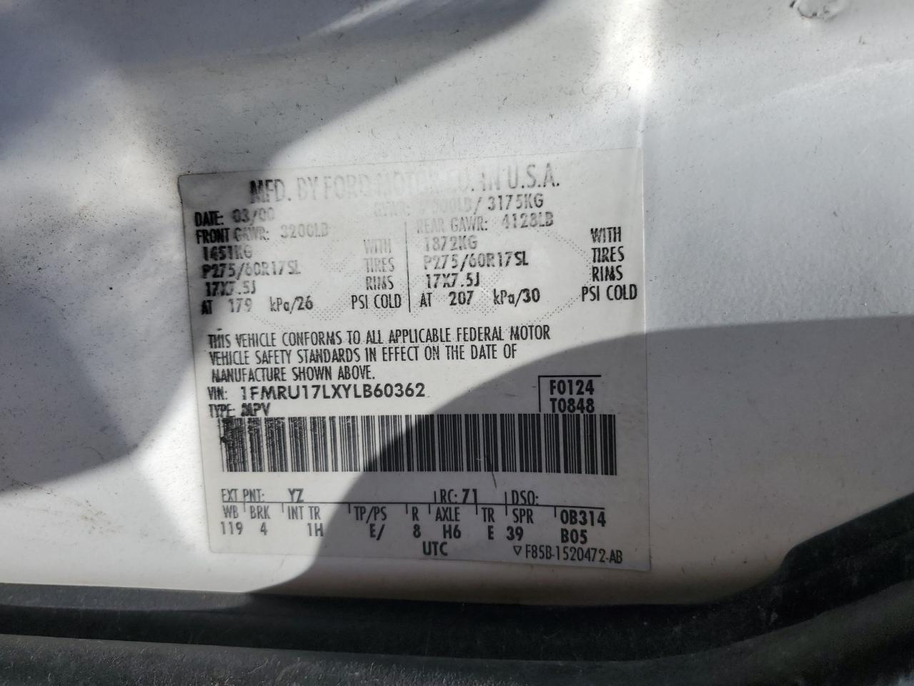 1FMRU17LXYLB60362 2000 Ford Expedition Eddie Bauer