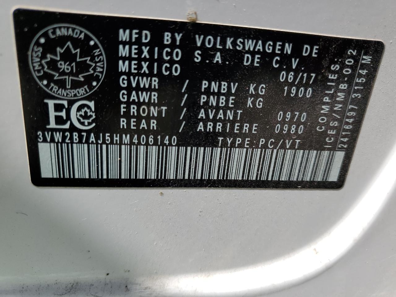 3VW2B7AJ5HM406140 2017 Volkswagen Jetta S