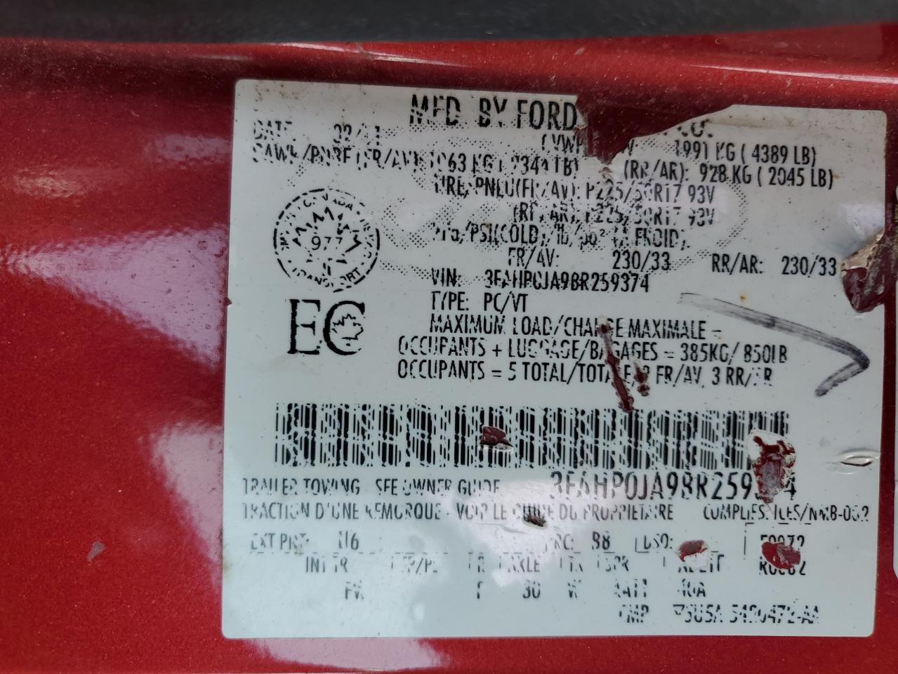 3FAHP0JA9BR259374 2011 Ford Fusion Sel