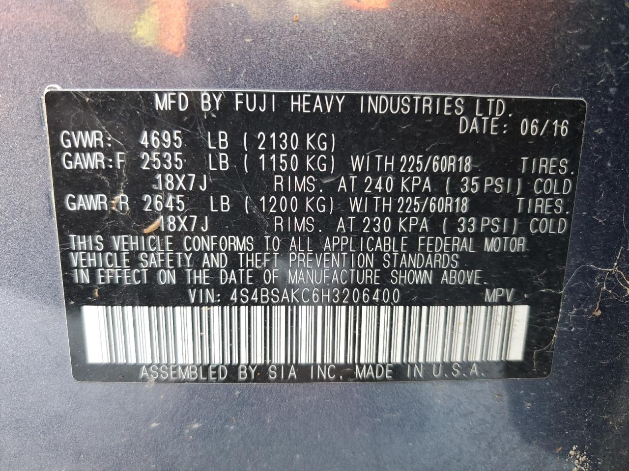 4S4BSAKC6H3206400 2017 Subaru Outback 2.5I Limited