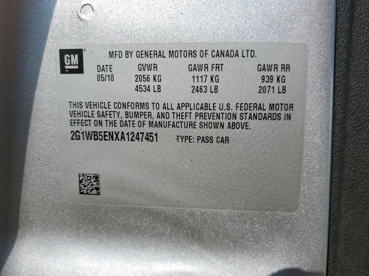 2G1WB5ENXA1247451 2010 Chevrolet Impala Lt