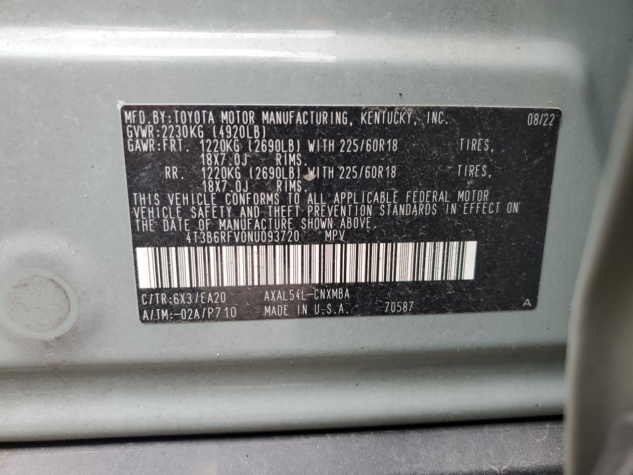 4T3B6RFV0NU093720 2022 Toyota Rav4 Xle Premium