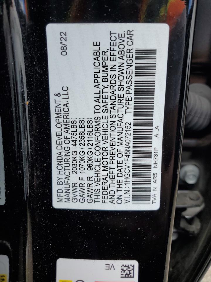 1HGCV1F45NA072152 2022 Honda Accord Sport Se