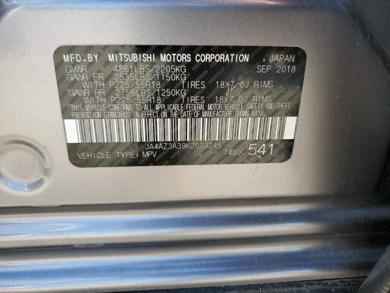 JA4AZ3A39KZ013245 2019 Mitsubishi Outlander Se