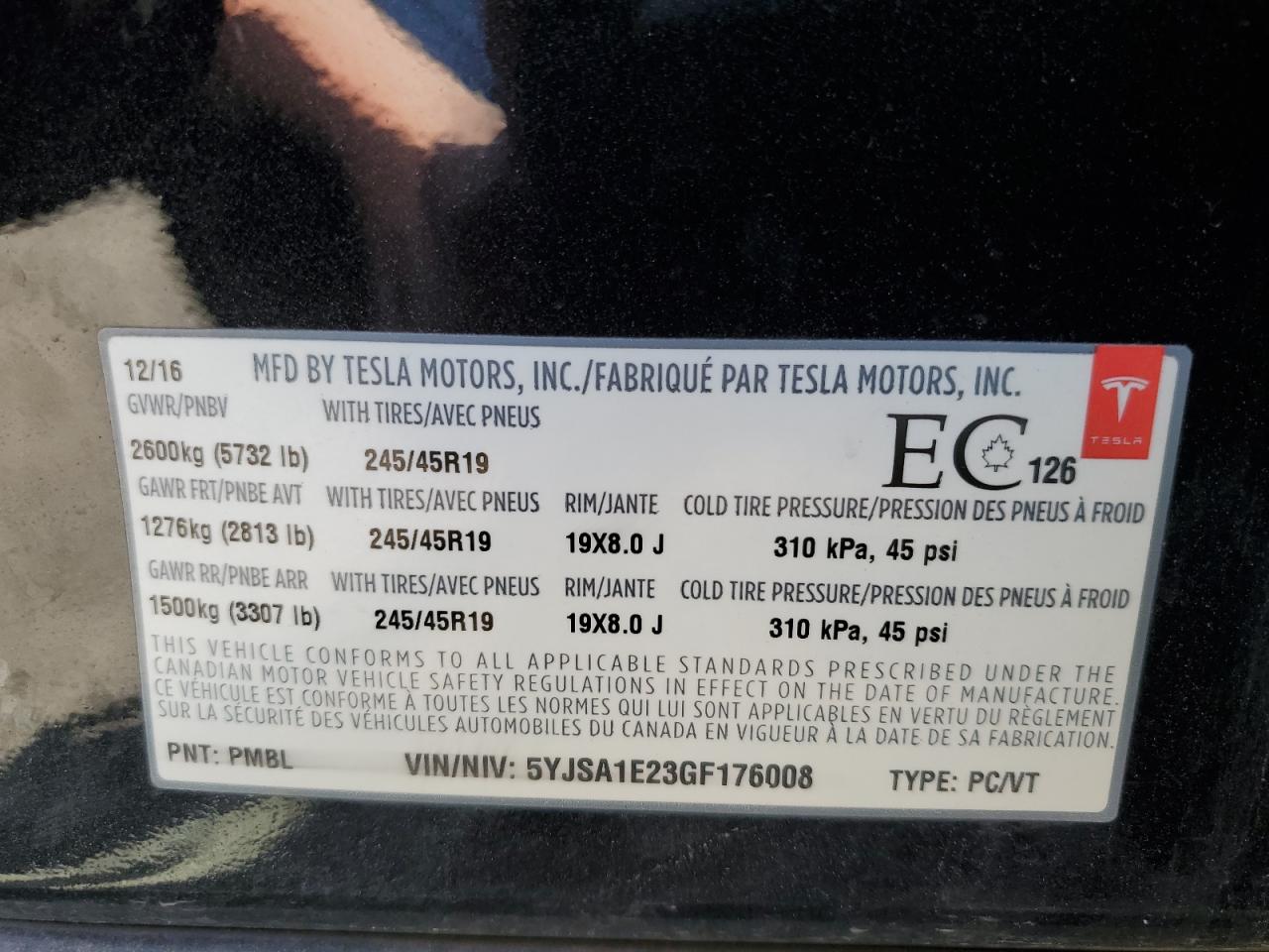 2016 Tesla Model S vin: 5YJSA1E23GF176008