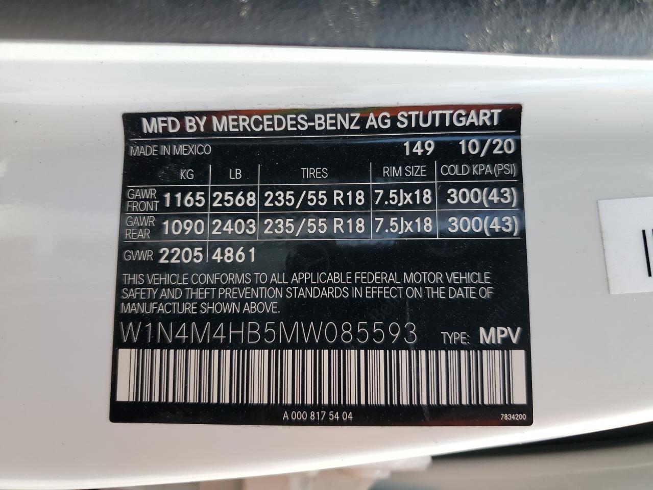 W1N4M4HB5MW085593 2021 Mercedes-Benz Glb 250 4Matic