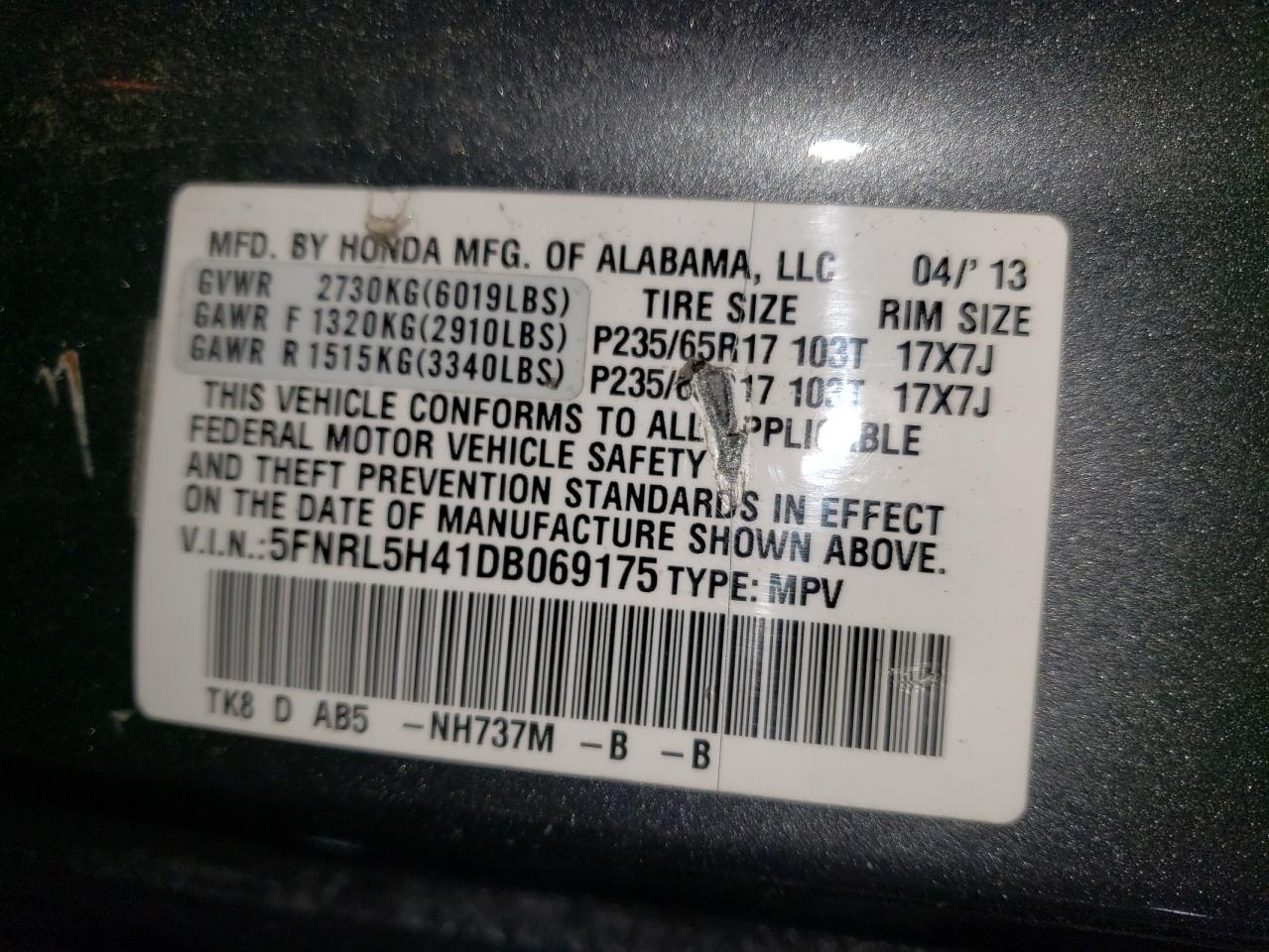 5FNRL5H41DB069175 2013 Honda Odyssey Ex