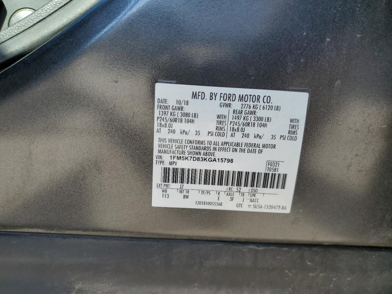 1FM5K7D83KGA15798 2019 Ford Explorer Xlt