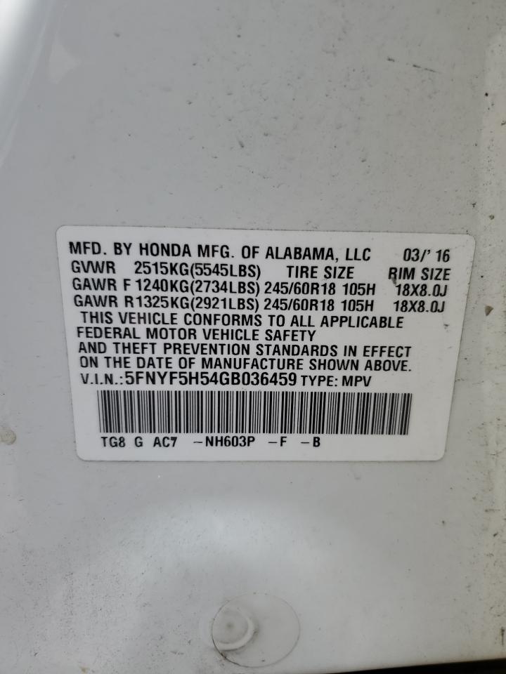 5FNYF5H54GB036459 2016 Honda Pilot Exl