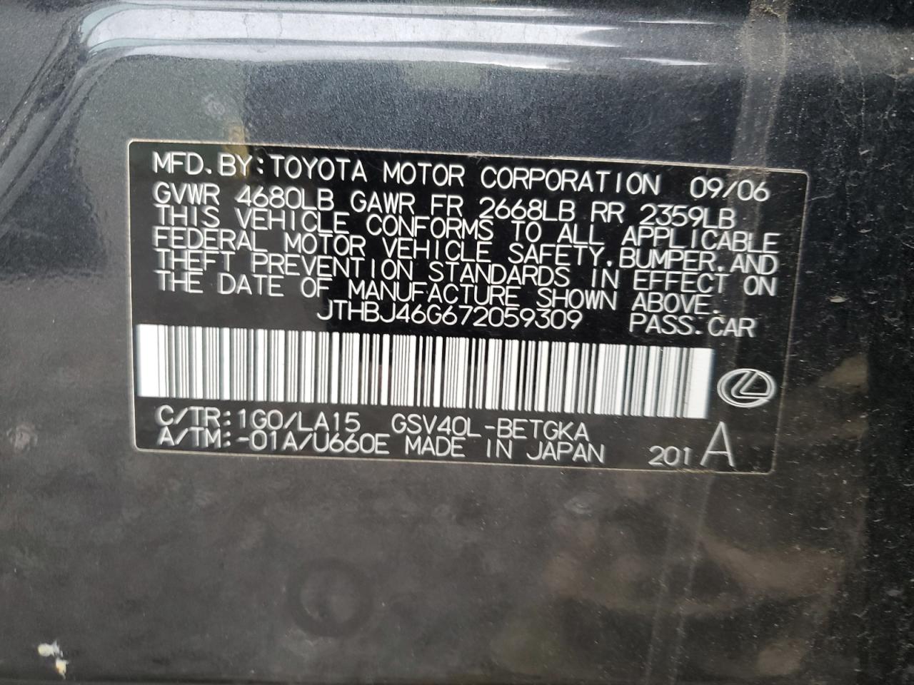 JTHBJ46G672059309 2007 Lexus Es 350