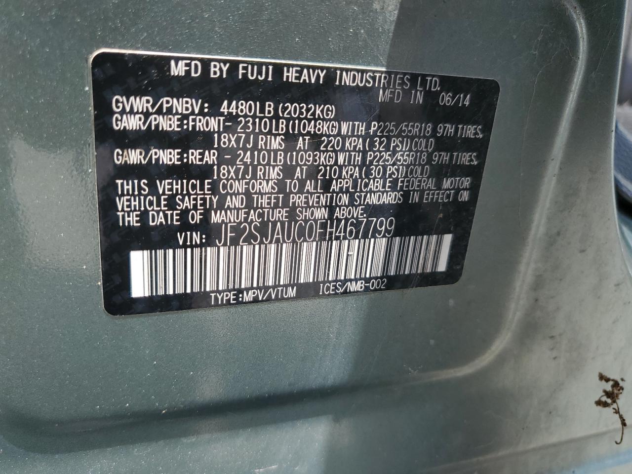 JF2SJAUC0FH467799 2015 Subaru Forester 2.5I Touring