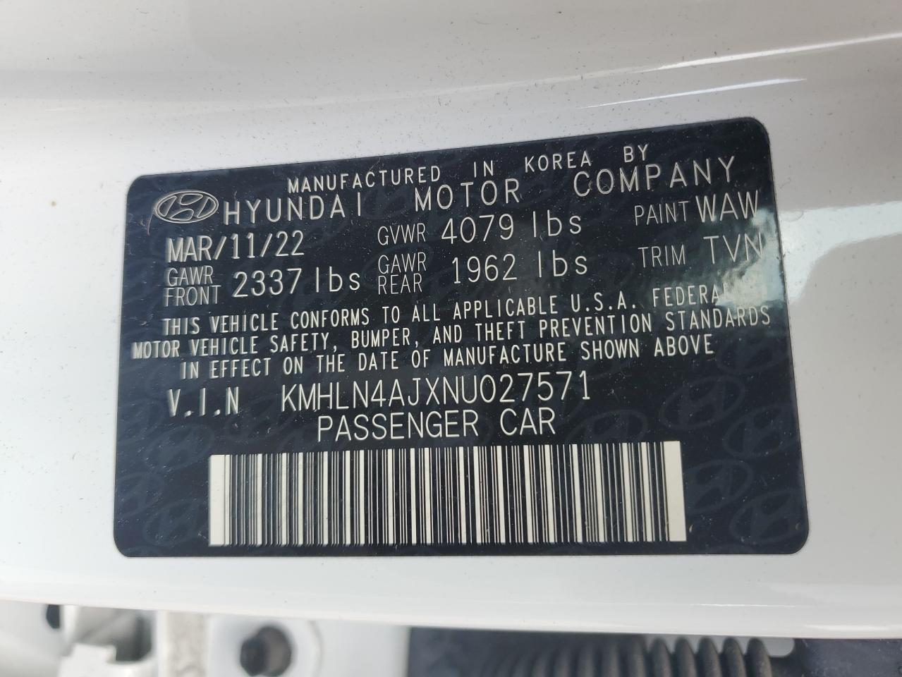 KMHLN4AJXNU027571 2022 Hyundai Elantra Limited
