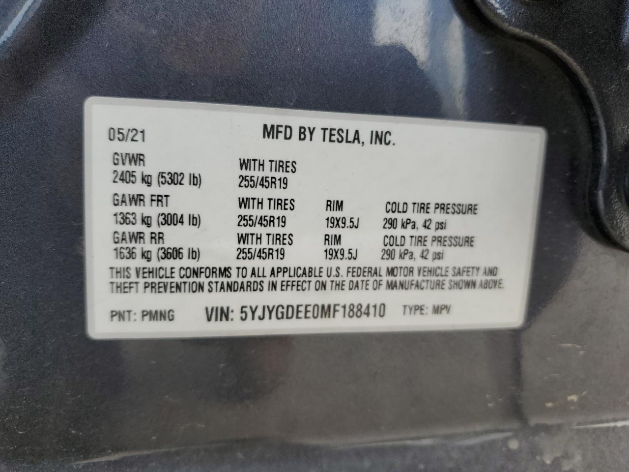 5YJYGDEE0MF188410 2021 Tesla Model Y