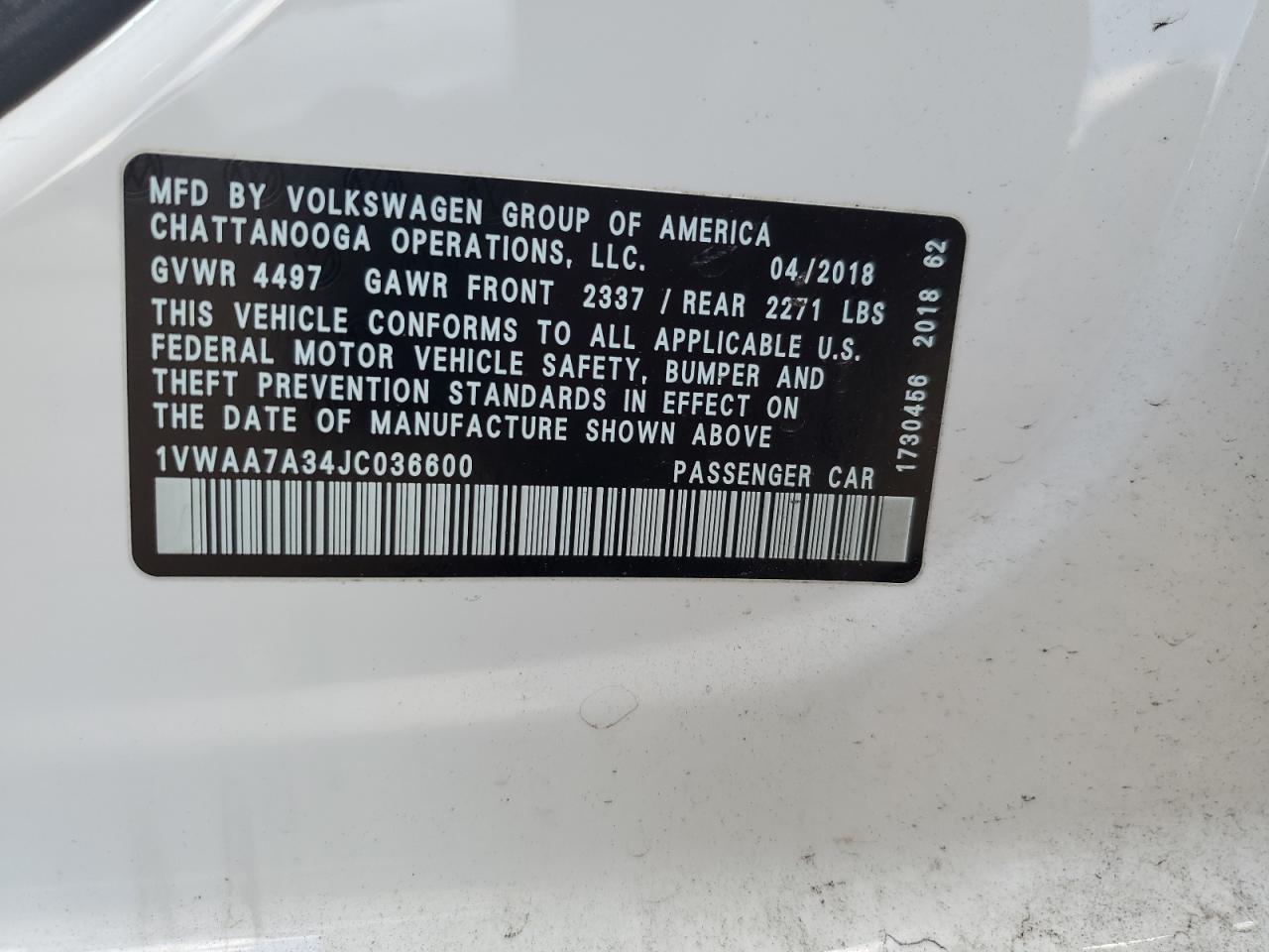1VWAA7A34JC036600 2018 Volkswagen Passat S