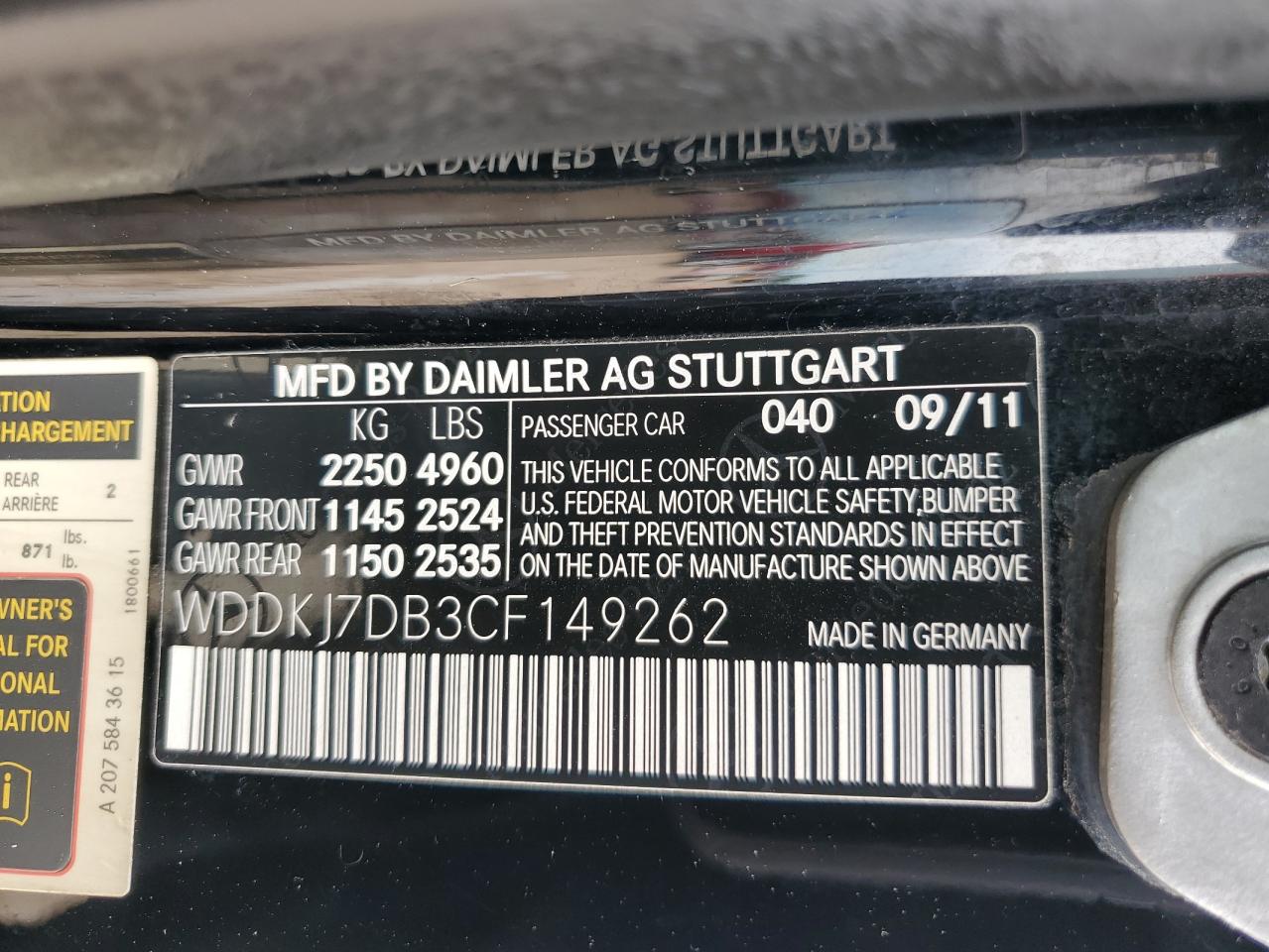 WDDKJ7DB3CF149262 2012 Mercedes-Benz E 550