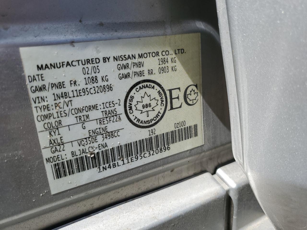 1N4BL11E95C320896 2005 Nissan Altima Se
