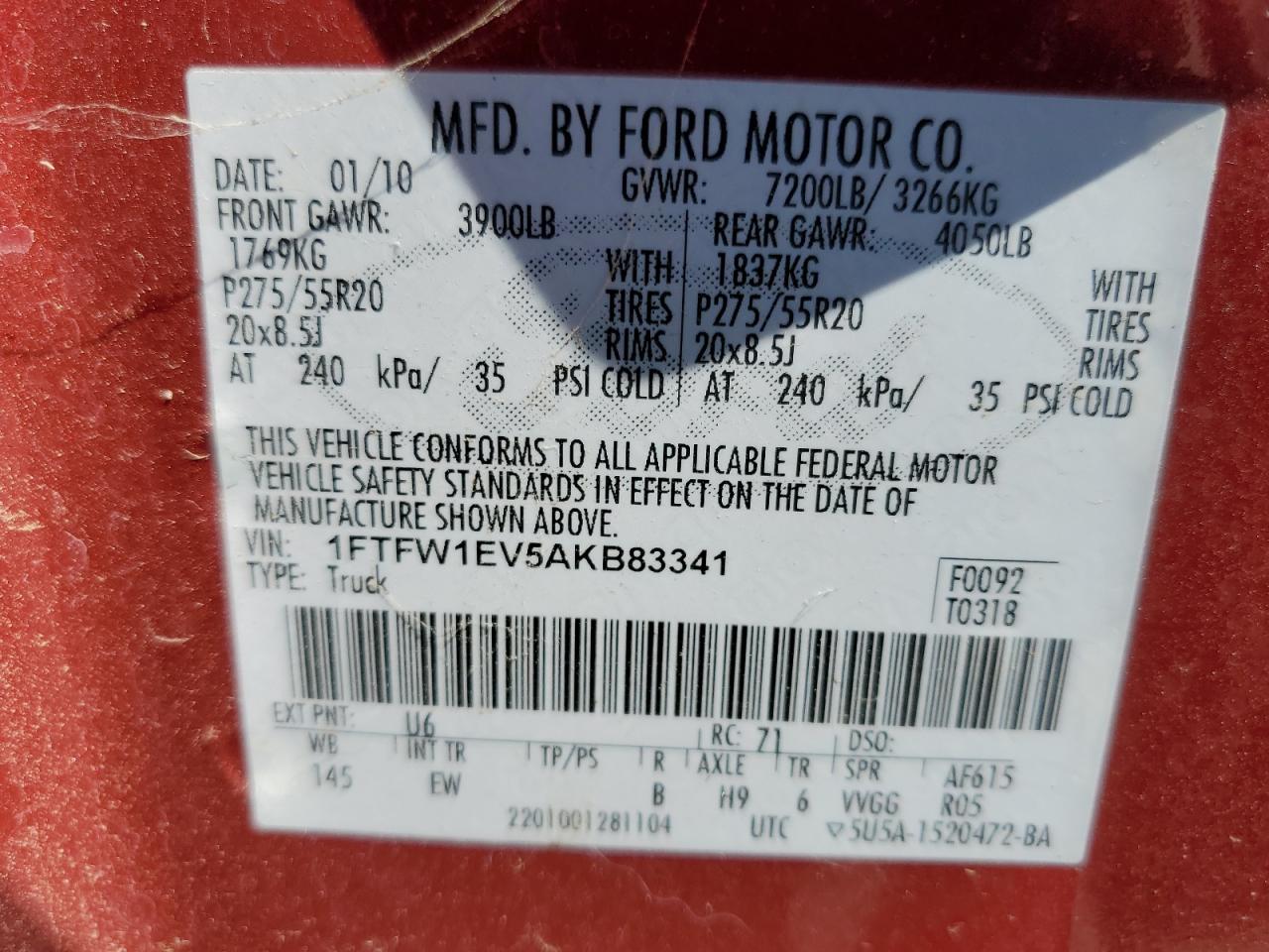 1FTFW1EV5AKB83341 2010 Ford F150 Supercrew