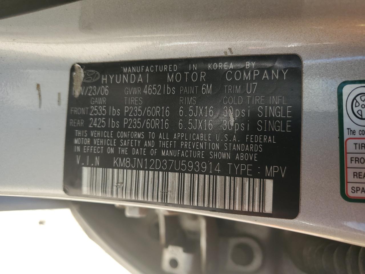 KM8JN12D37U593914 2007 Hyundai Tucson Se