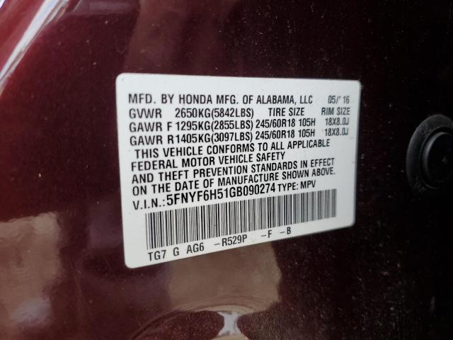 2016 Honda Pilot Exl VIN: 5FNYF6H51GB090274 Lot: 58283074