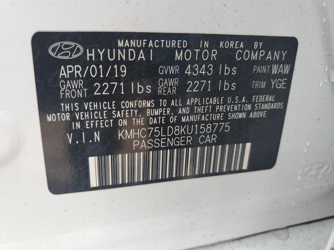 KMHC75LD8KU158775 2019 Hyundai Ioniq Limited