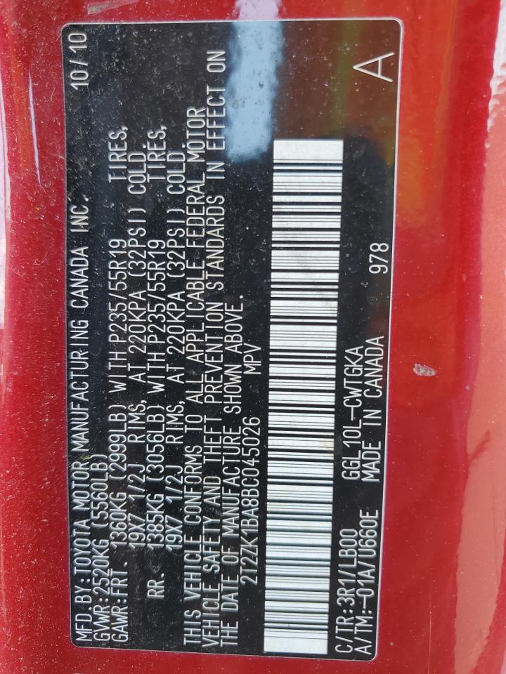 2T2ZK1BA8BC045026 2011 Lexus Rx 350