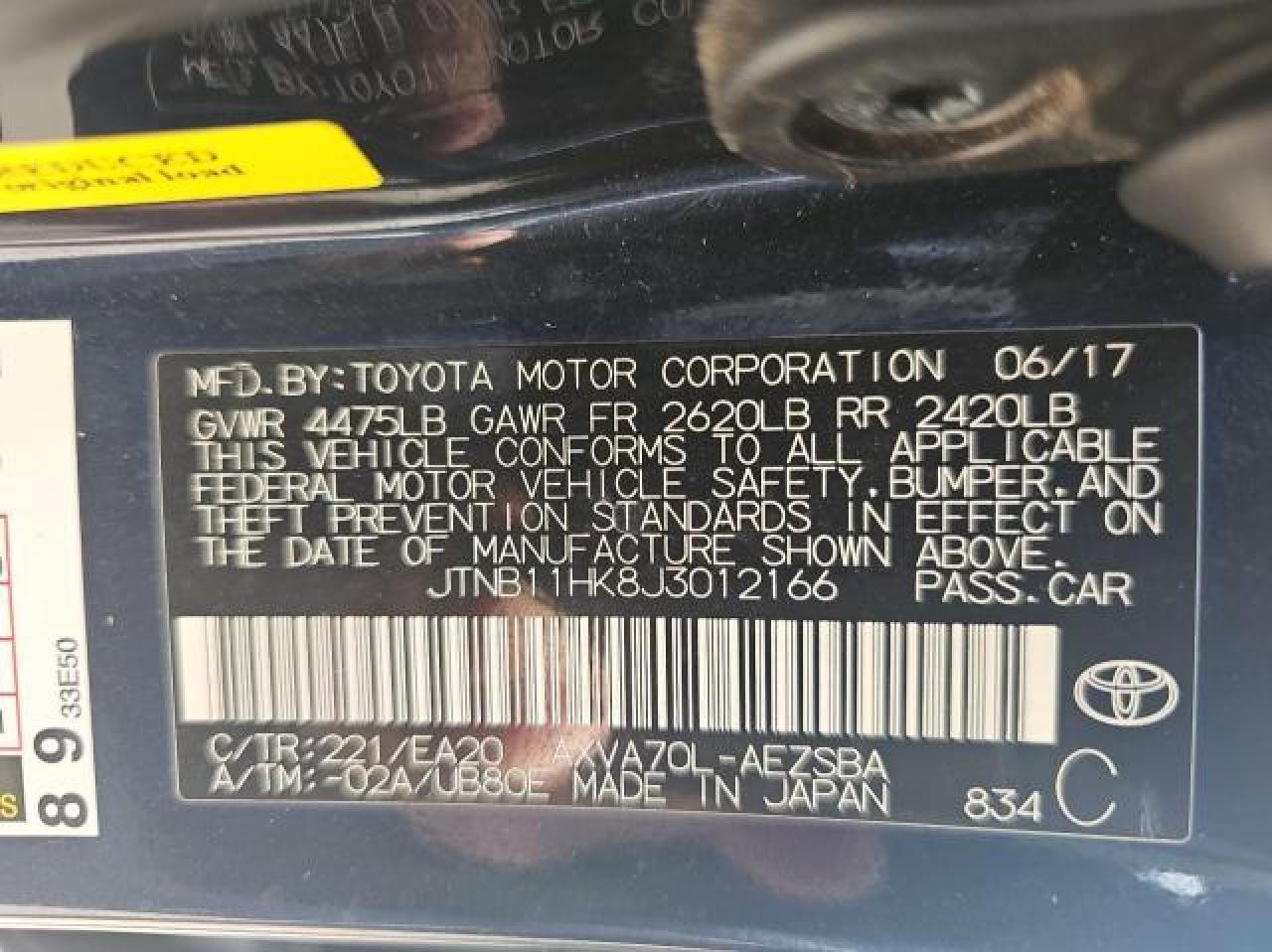 JTNB11HK8J3012166 2018 Toyota Camry L