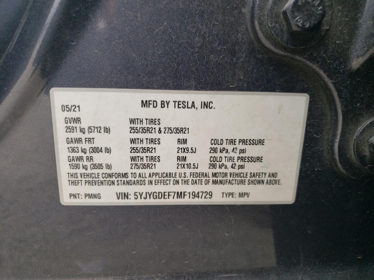 5YJYGDEF7MF194729 2021 Tesla Model Y