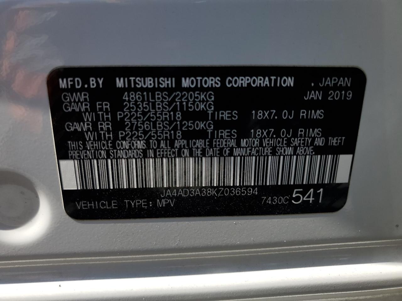 JA4AD3A38KZ036594 2019 Mitsubishi Outlander Se