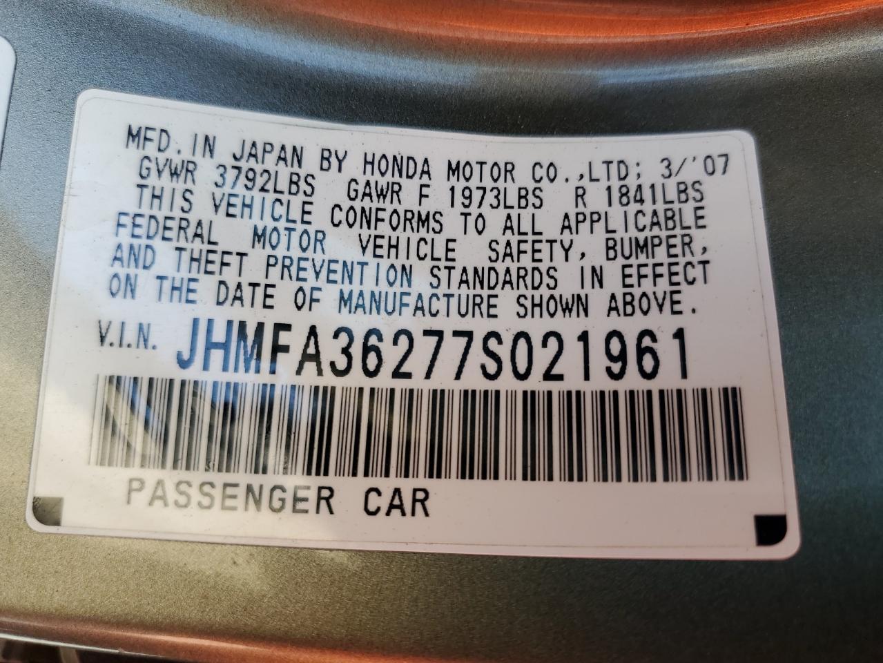 JHMFA36277S021961 2007 Honda Civic Hybrid