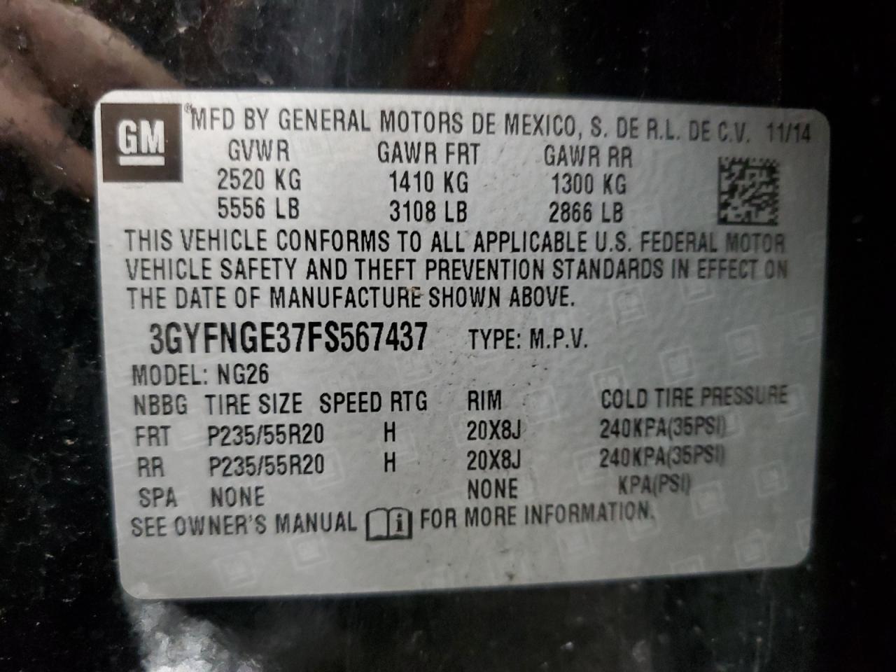 3GYFNGE37FS567437 2015 Cadillac Srx Premium Collection