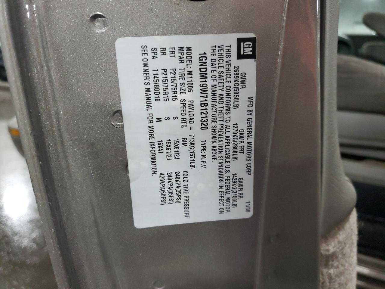 1GNDM19W71B121320 2001 Chevrolet Astro