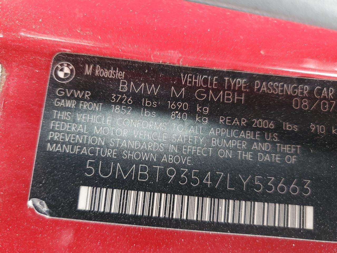 5UMBT93547LY53663 2007 BMW M Roadster