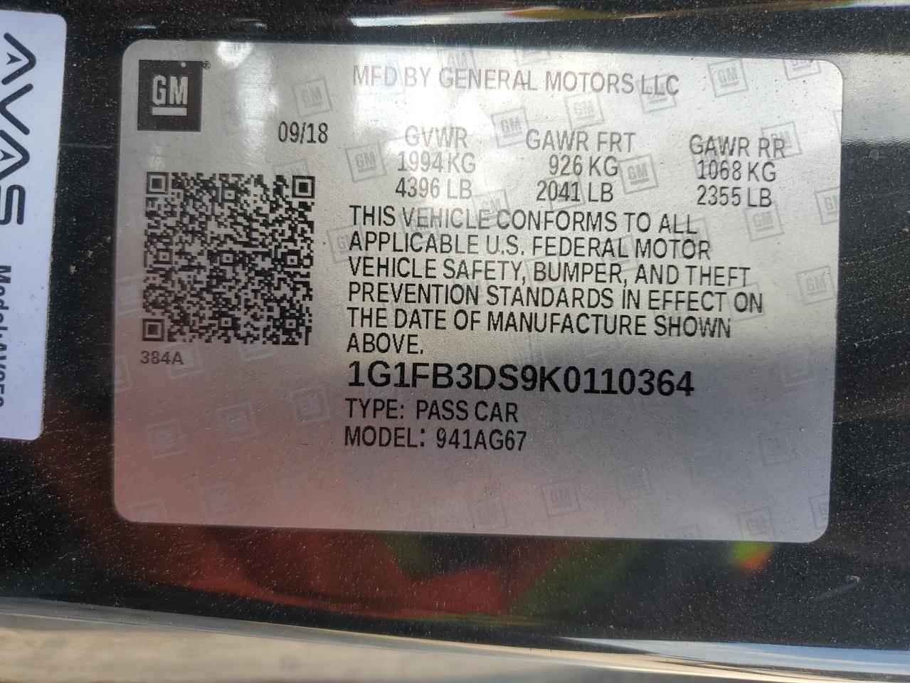 1G1FB3DS9K0110364 2019 Chevrolet Camaro Ls