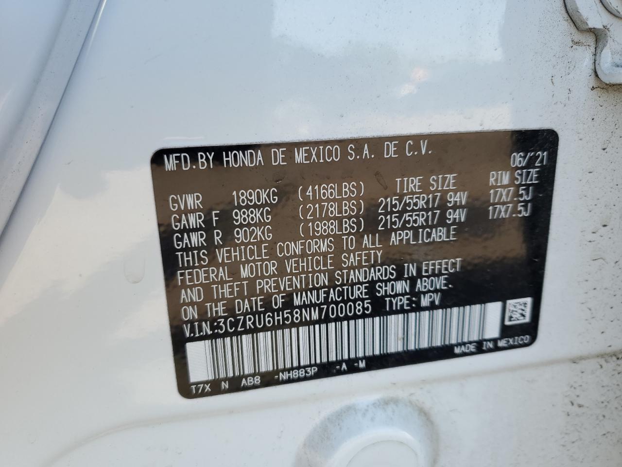 3CZRU6H58NM700085 2022 Honda Hr-V Ex