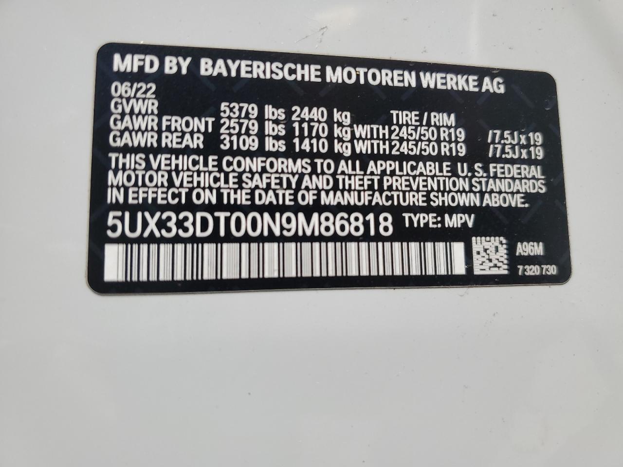 5UX33DT00N9M86818 2022 BMW X4 xDrive30I