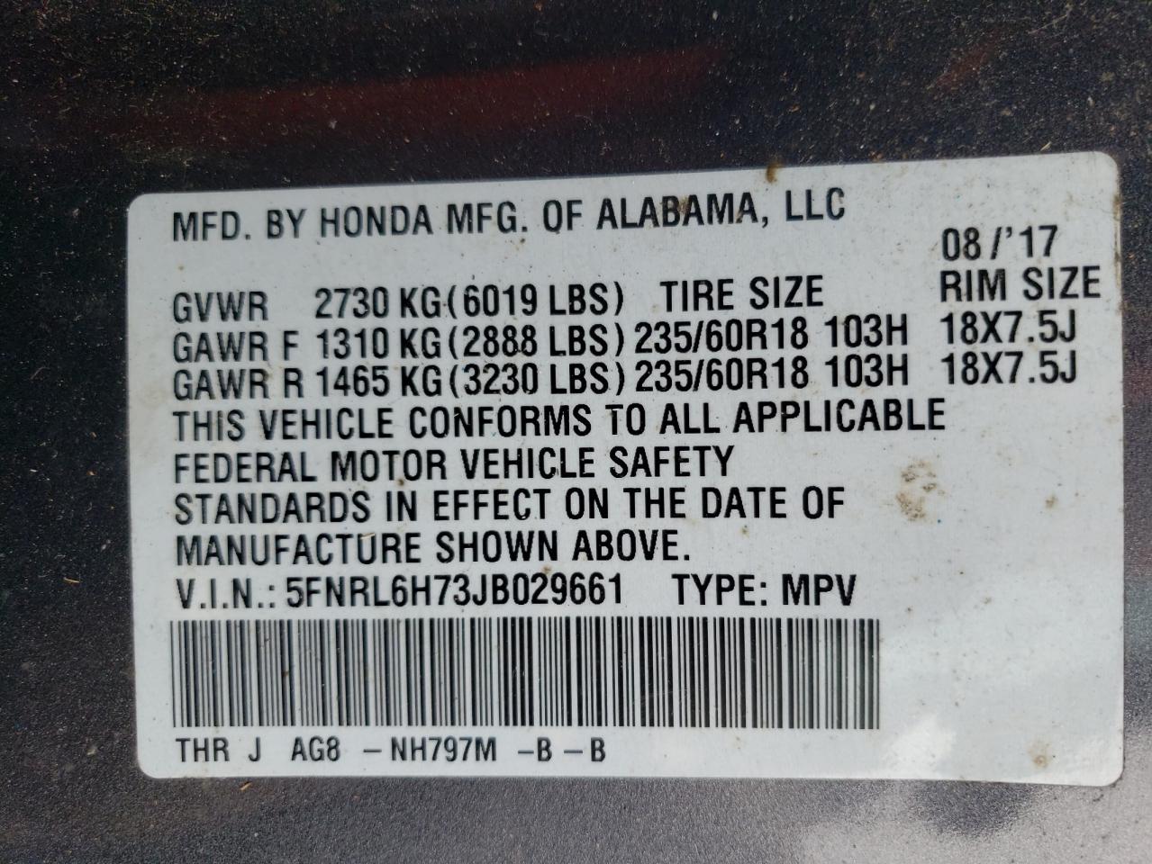 5FNRL6H73JB029661 2018 Honda Odyssey Exl