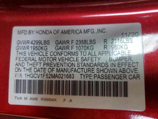 2021 Honda Accord Exl VIN: 1HGCV1F52MA021683 Lot: 57486454