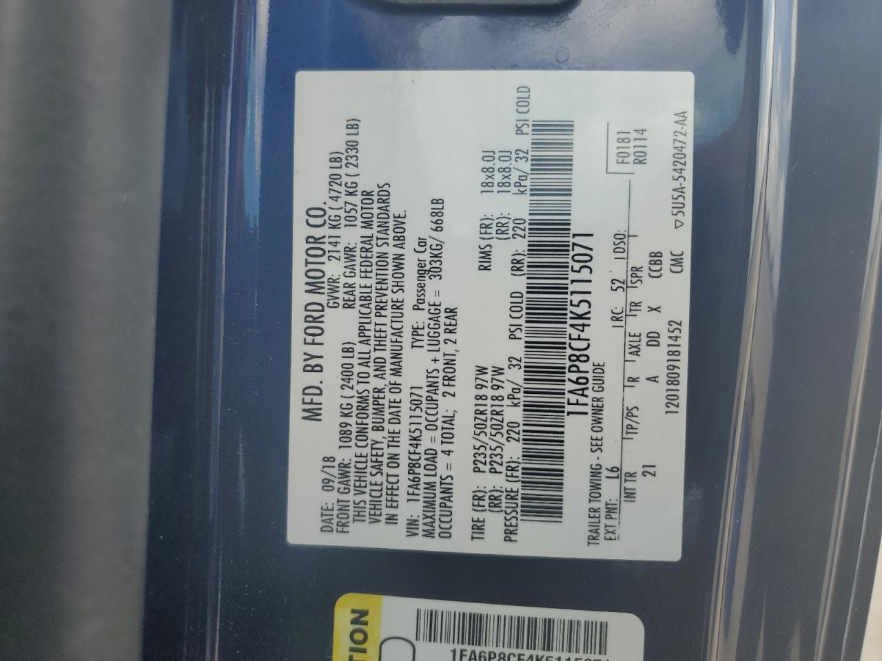 1FA6P8CF4K5115071 2019 Ford Mustang Gt