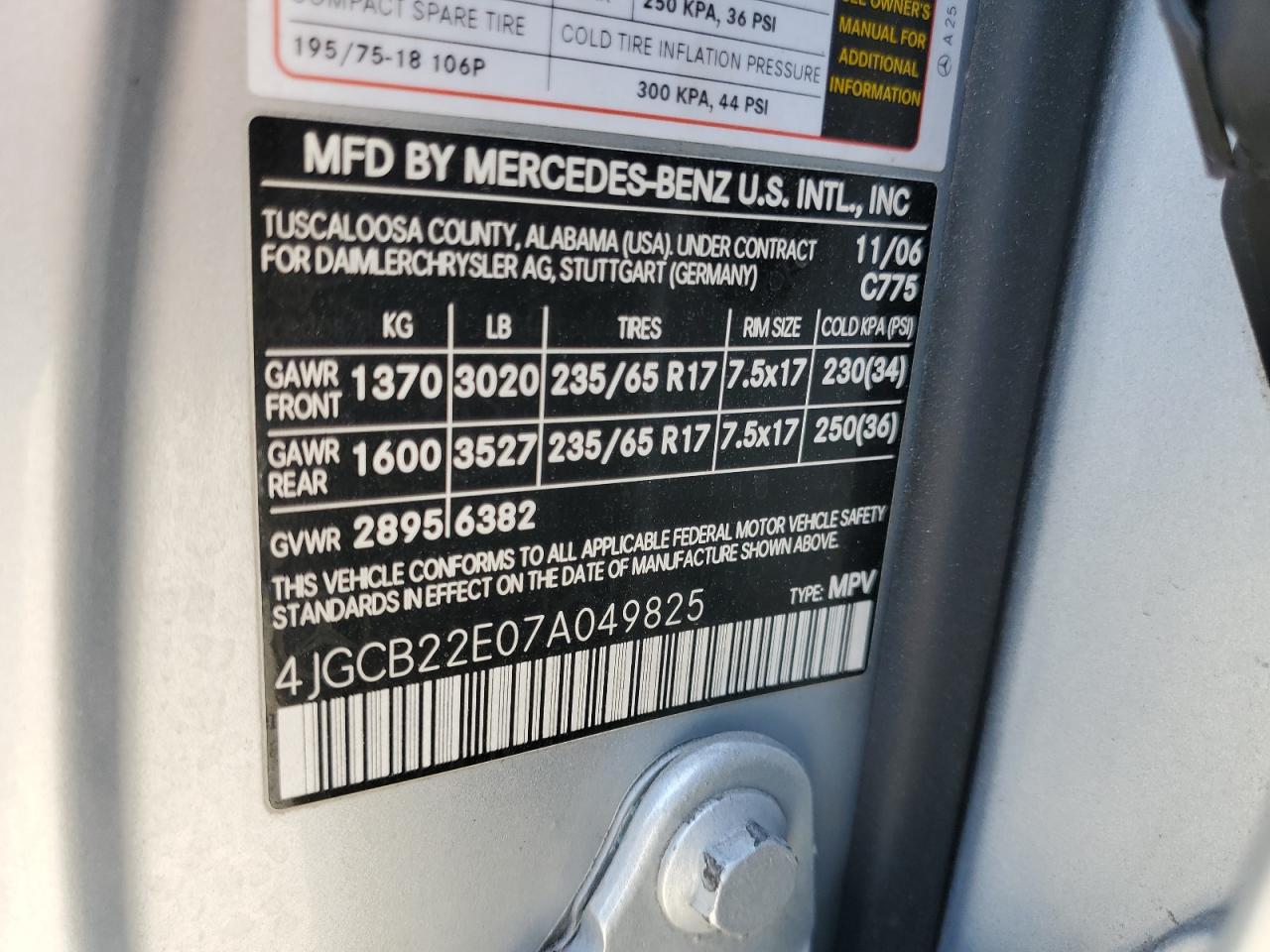 4JGCB22E07A049825 2007 Mercedes-Benz R 320 Cdi