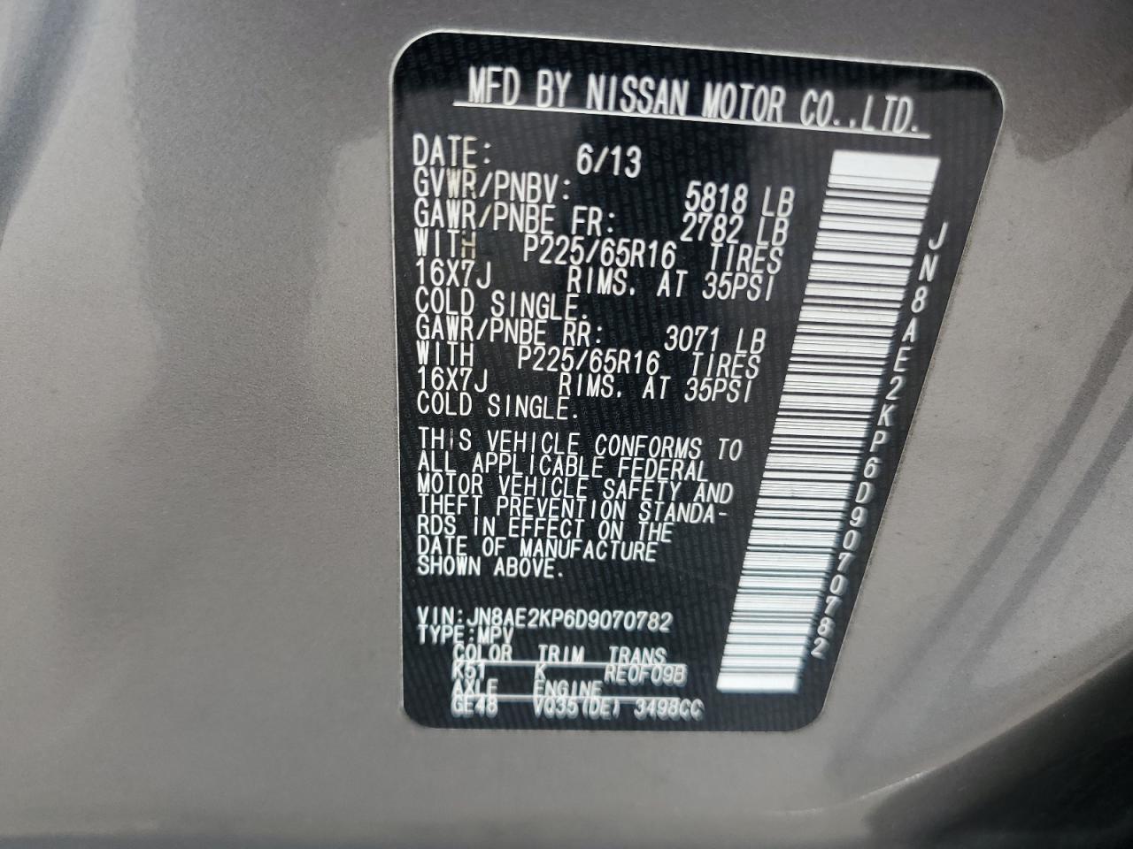 JN8AE2KP6D9070782 2013 Nissan Quest S