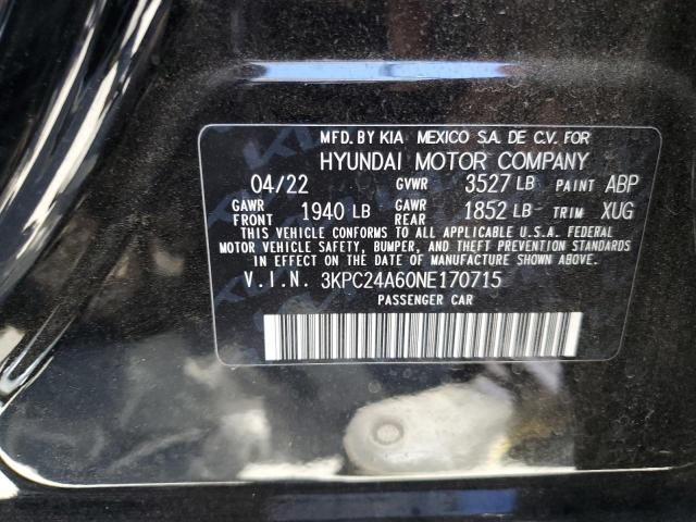 2022 Hyundai Accent Se VIN: 3KPC24A60NE170715 Lot: 57963284
