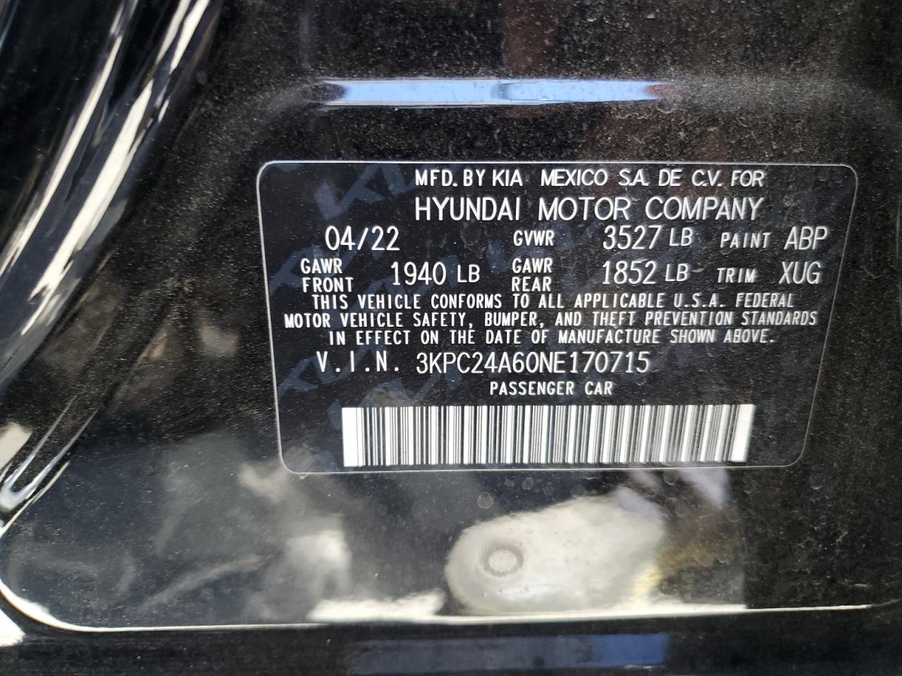 3KPC24A60NE170715 2022 Hyundai Accent Se