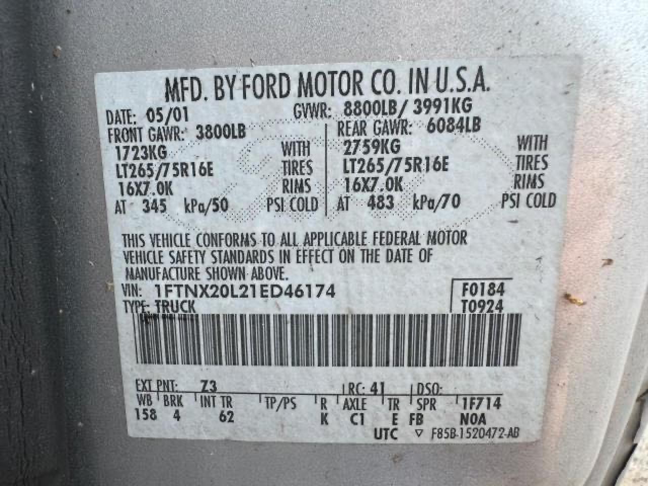 1FTNX20L21ED46174 2001 Ford F250 Super Duty