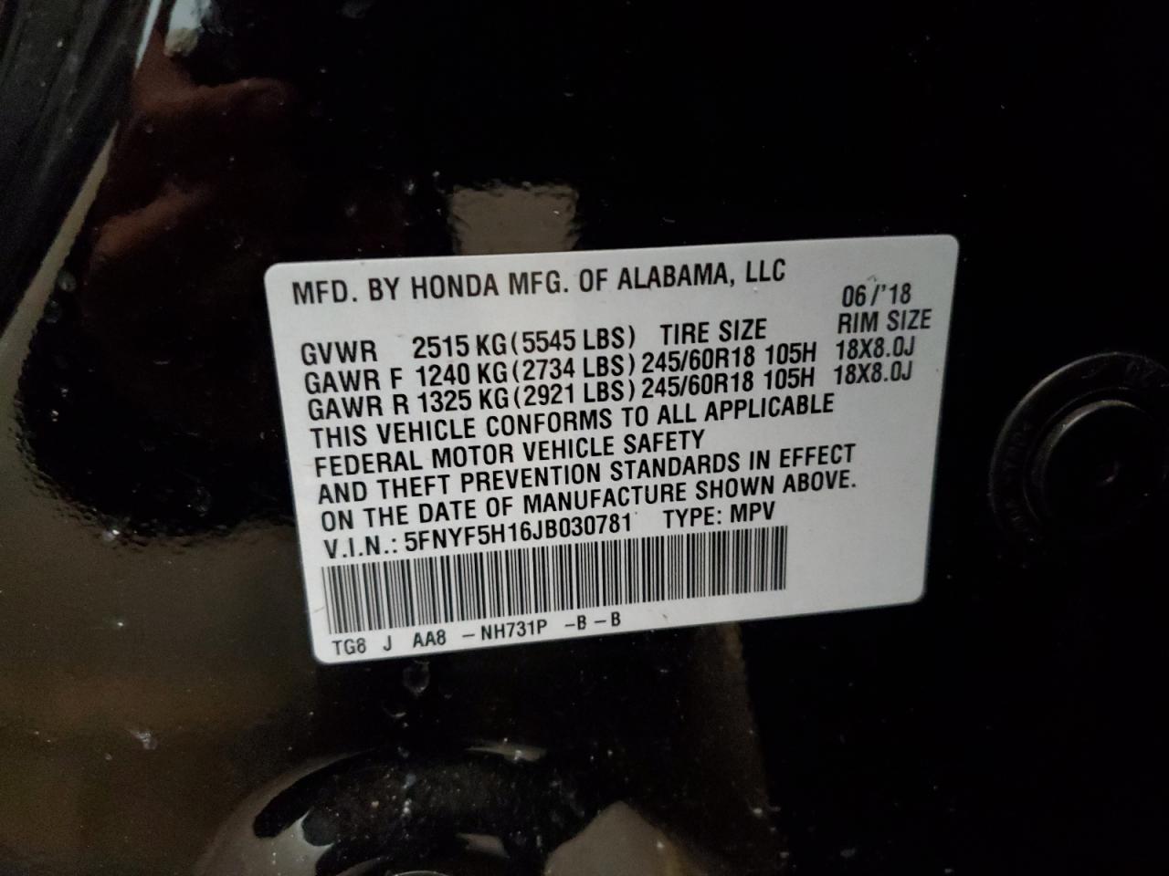 5FNYF5H16JB030781 2018 Honda Pilot Lx