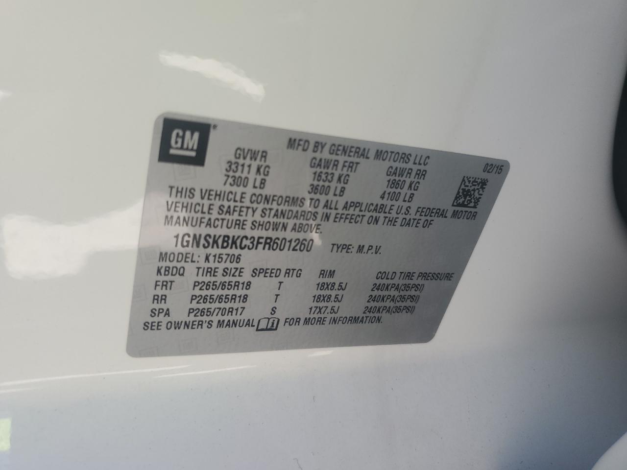 1GNSKBKC3FR601260 2015 Chevrolet Tahoe K1500 Lt