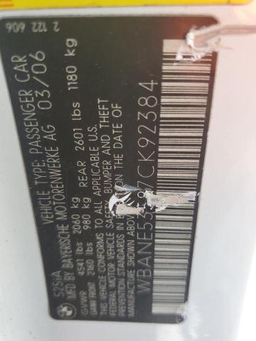 2007 BMW 525 I VIN: WBANE53587CK92384 Lot: 59649364