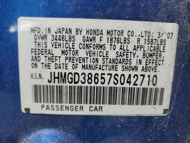 2007 Honda Fit S VIN: JHMGD38657S042710 Lot: 59652094