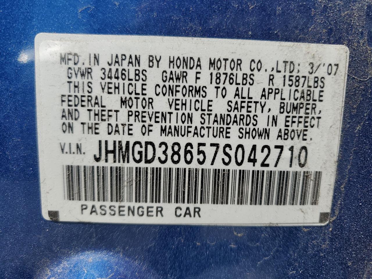 JHMGD38657S042710 2007 Honda Fit S