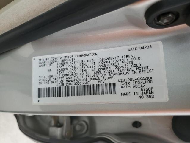 2003 Lexus Gx 470 VIN: JTJBT20X130016587 Lot: 58100124